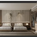 Elegant Chinese Style Hotel Guest Room With Twin Beds Landscape Painting Backdrop And Nightstands