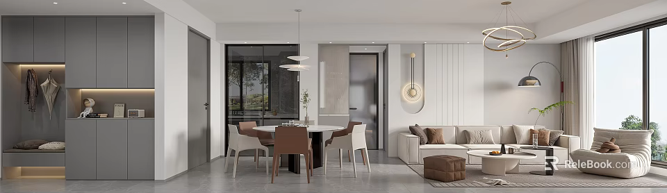 Modern Dining Living Room Interior Design With Round Table Sofa And Pendant Lighting 3d model