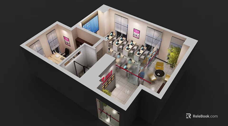 Aerial View of Modern Office Space with Workstations Computers and Green Plants 3d model 