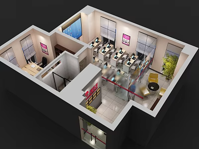 Aerial View of Modern Office Space with Workstations Computers and Green Plants 3d model