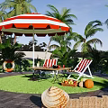 Outdoor Table And Chairs With Red White Striped Umbrella In Tropical Patio With Seashells Starfish