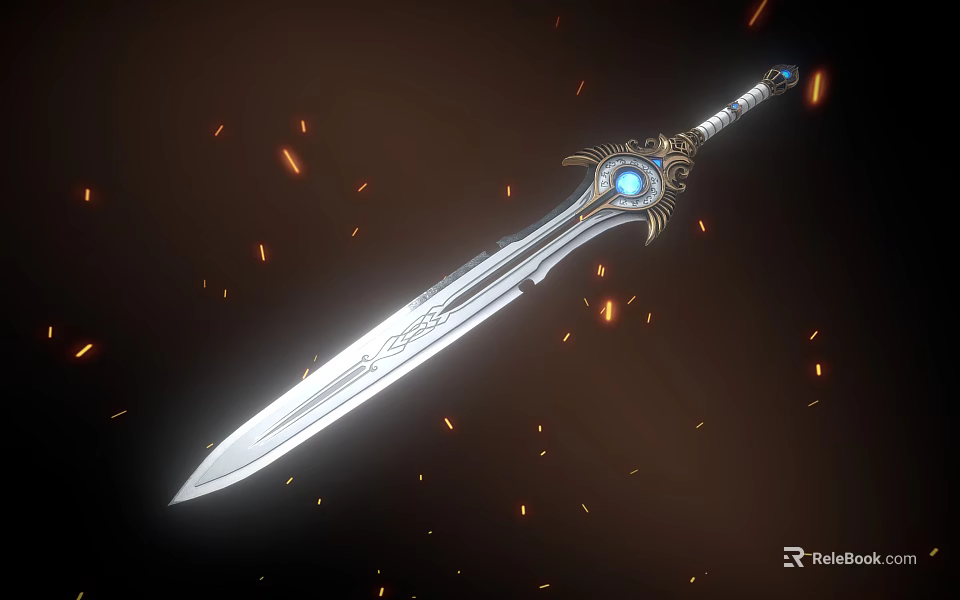 Decorative Sword With Blue Gemstone And Glowing Sparks On Dark Background 3d model 