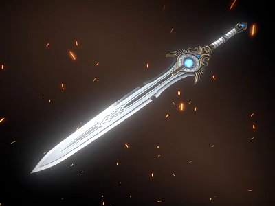 Decorative Sword With Blue Gemstone And Glowing Sparks On Dark Background 3d model