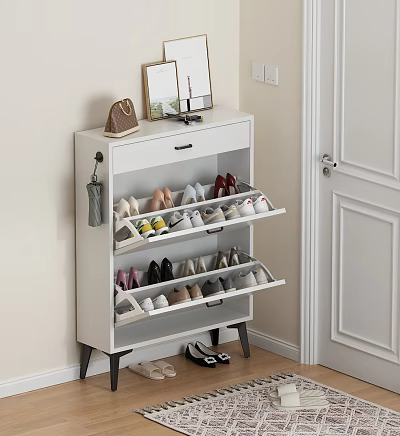 White Shoe Cabinet with Drawer and Open Shelves for Organizing Various Shoes and Decor 3d model