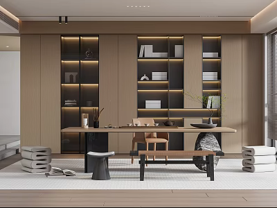 Modern Tea Room Interior With Wooden Shelves Long Table Chairs Green Plants And Warm Lighting 3d model