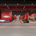 Modern Gym Interior With Red Walls Black And Yellow Fitness Equipment And Track Lines