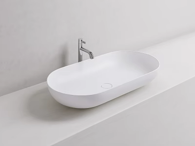 Modern White Oval Countertop Washbasin with Silver Faucet on White Countertop and Light Grey Wall 3d model