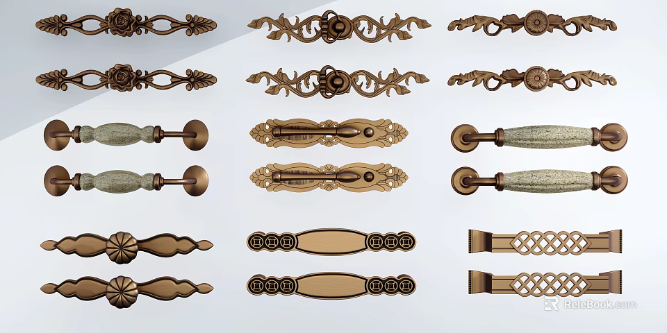 Various Design Cabinet Handles With Ornate Carving And Modern Metal Patterns 3d model 