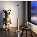 Modern Floor Lamp By Window With Wooden Bear Figure Small Stool And Night View