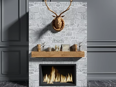 Stone Wall Fireplace Featuring Deer Head Decor Wooden Mantel And Burning Flames 3d model