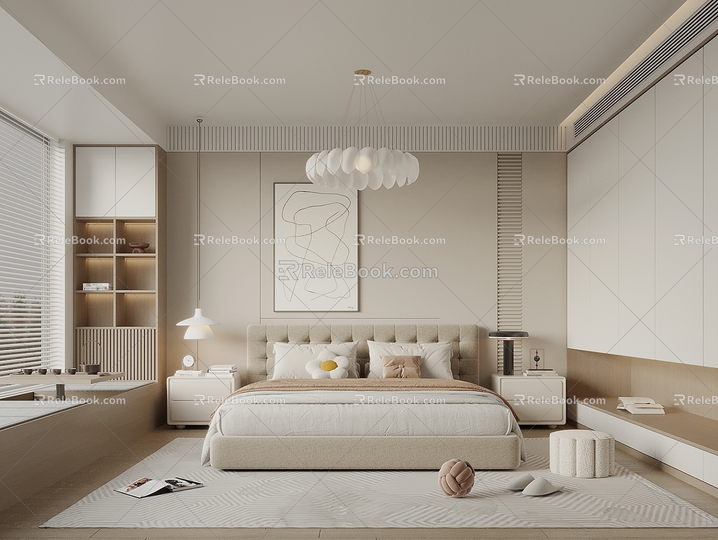 Bedroom Bedside Background Wall Wardrobe Bay Window 3d model