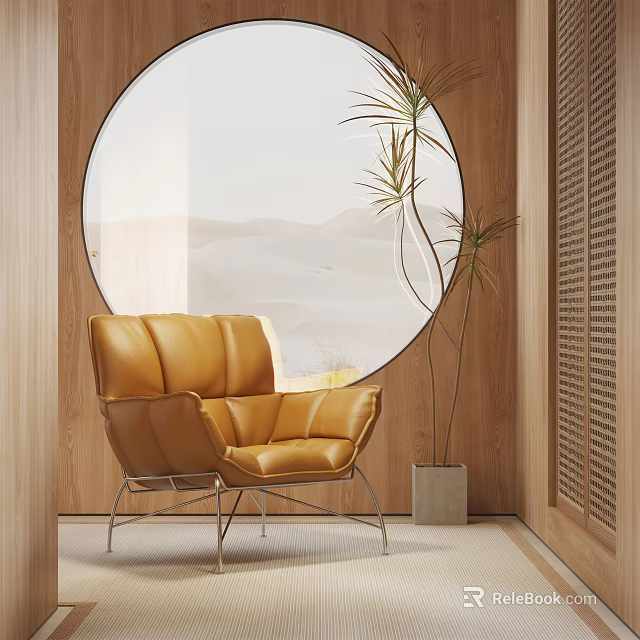 Stylish Orange Leather Leisure Chair by Round Window with Desert View and Potted Plant 3d model 