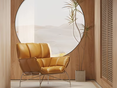 Stylish Orange Leather Leisure Chair by Round Window with Desert View and Potted Plant 3d model