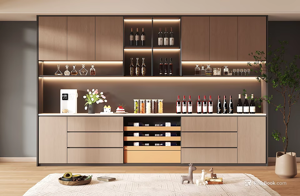 Modern Wooden Wine Cabinet With Shelves Drawers LED Lighting And Wine Bottles 3d model 