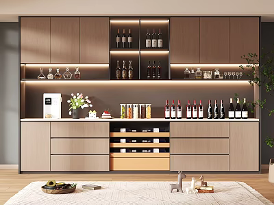 Modern Wooden Wine Cabinet With Shelves Drawers LED Lighting And Wine Bottles 3d model