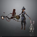 Witch With Cloak And Broomstick With Lamp Standing Next To White Rabbit