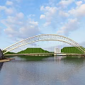 Modern White Arch Bridge With Metal Frame Spanning Water And Blue Sky Reflection