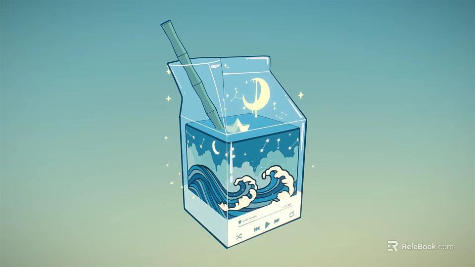 Enchanting Milk Carton Drink with Straw Moon Stars and Blue Waves Design 3d model 