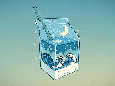 Enchanting Milk Carton Drink with Straw Moon Stars and Blue Waves Design 3d model