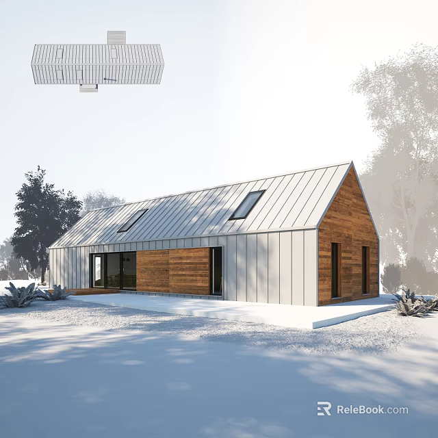 Modern Villa Balcony With Snowy Landscape Wooden Metal Exterior And Skylight Windows 3d model 