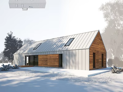 Modern Villa Balcony With Snowy Landscape Wooden Metal Exterior And Skylight Windows 3d model