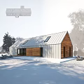 Modern Villa Balcony With Snowy Landscape Wooden Metal Exterior And Skylight Windows
