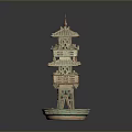 Ceramic Pagoda Style Decorative Sculpture With Multi Tiered Design And Base Tray