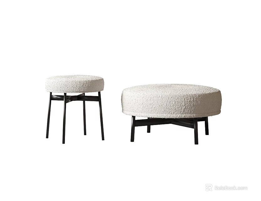 Modern Two Piece White Ottoman Footstool Set With Black Metal Legs And Soft Cushion Top 3d model 