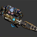 3D Armored Sci Fi Character With Blue Hair Large Mechanical Weapon And Glowing Accents