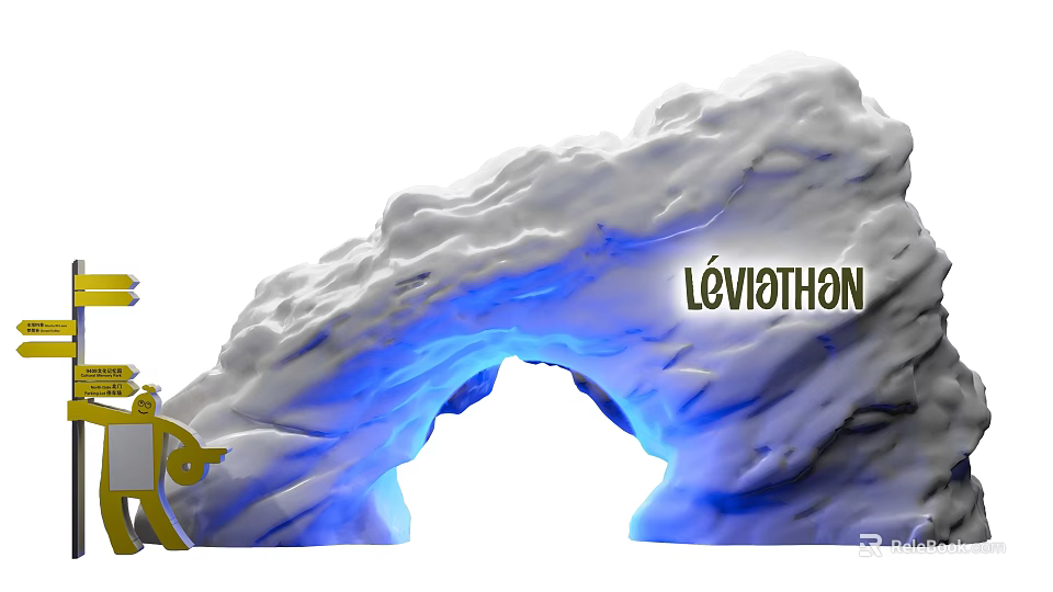 Icy Archway Photo Spot At Léviathon With Blue Lit Snowy Texture And Golden Logo 3d model 