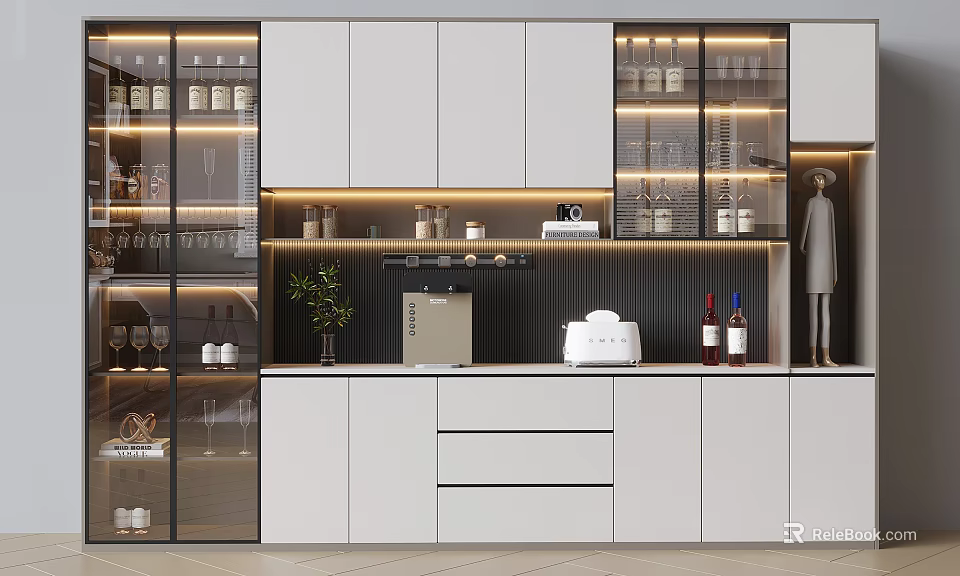 Modern Wine Cabinet With Glass Doors Bottles Glassware White Cabinets And Coffee Machine 3d model 