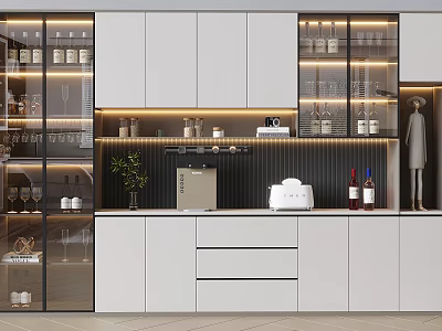 Modern Wine Cabinet With Glass Doors Bottles Glassware White Cabinets And Coffee Machine 3d model