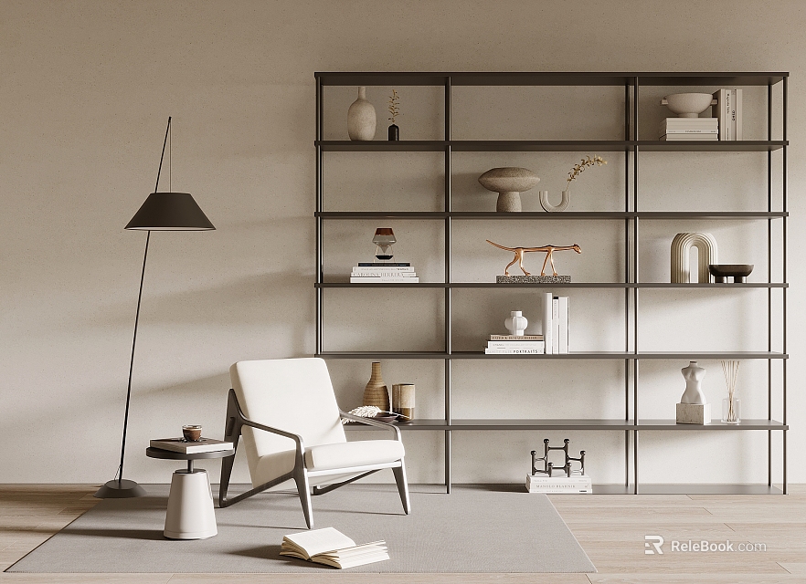 Modern Black Frame Bookcase Featuring Vases Books Decorative Items White Chair Floor Lamp And Carpet 3d model 