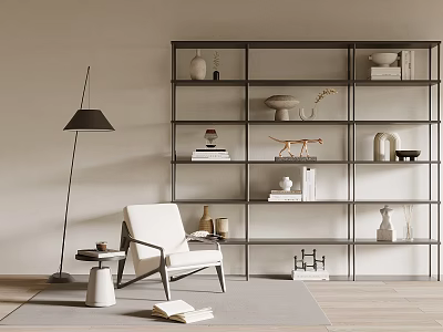 Modern Black Frame Bookcase Featuring Vases Books Decorative Items White Chair Floor Lamp And Carpet 3d model