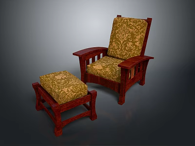 Classic Wooden Armchair And Ottoman With Solid Wood Frame And Ornate Patterned Upholstery 3d model
