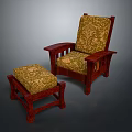 Classic Wooden Armchair And Ottoman With Solid Wood Frame And Ornate Patterned Upholstery