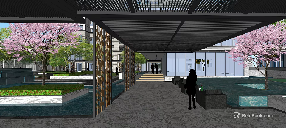 Serene Garden Landscape With Pergola Walkway Decorative Grilles Water Features And Cherry Blossoms 3d model 