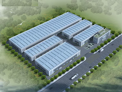 Industrial Plant With Multiple Connected Buildings Flat Metal Roofs Greenery And Access Road 3d model