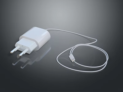 White Laptop Charger with USB Cable on Smooth Black Surface and Reflection 3d model