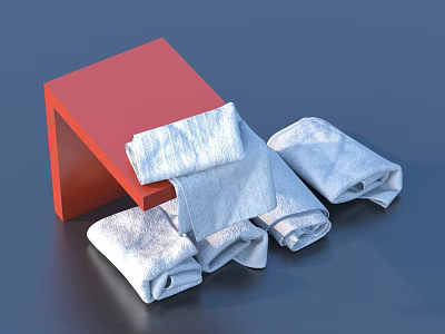 Red Shelf With Folded And Rolled White Towels On Dark Background 3d model