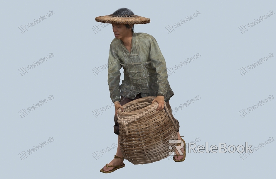 Chinese Man Minority Character Hat Gourd Wine Pot Fish Basket Male Coir Fisherman Farmer Bamboo Basket model