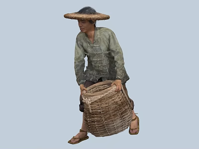 Man Wearing Straw Hat And Traditional Clothing Carrying Large Wicker Basket 3d model
