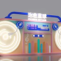 Shop Front Desk with Cute Planet Neon Lights Circular Glowing Music Notes and Birthday Celebration