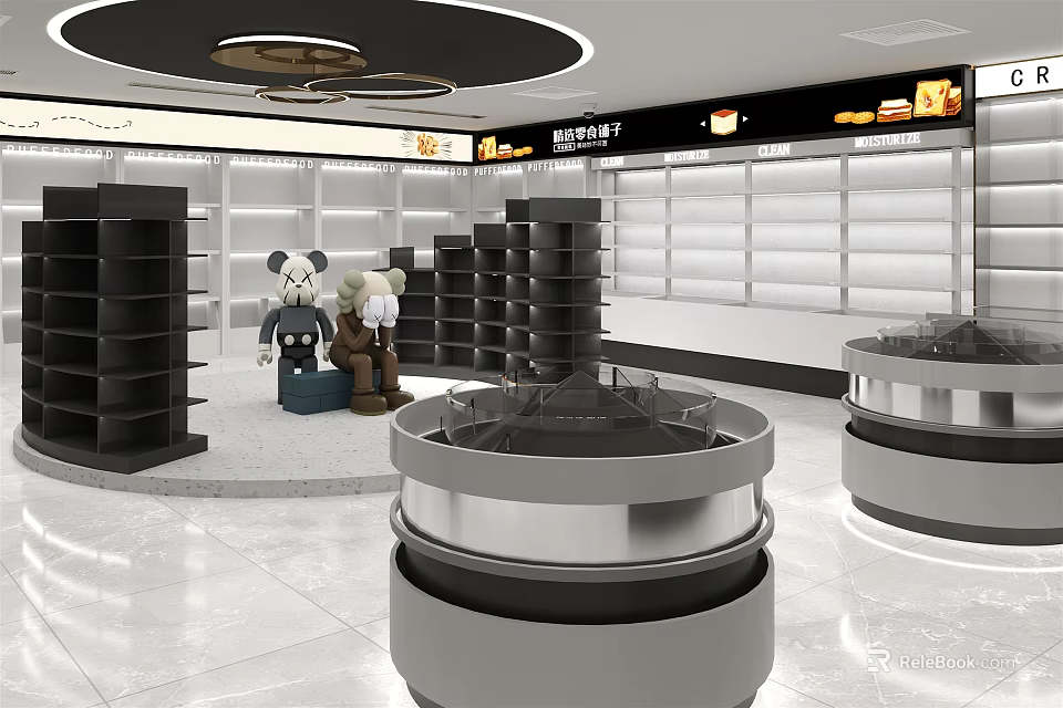 Specialty Store Interior With Circular Ceiling Lights Display Shelves Bear Dolls And Circular Display Stands 3d model