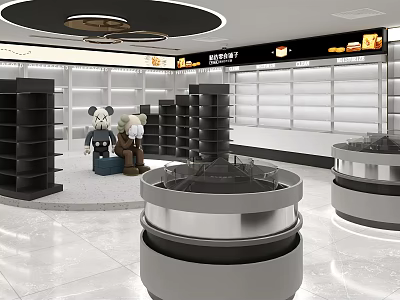 Specialty Store Interior With Circular Ceiling Lights Display Shelves Bear Dolls And Circular Display Stands 3d model