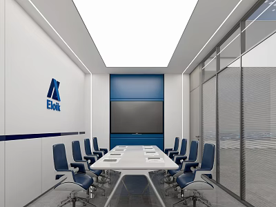 Modern Conference Room With Blue Chairs White Table Large Screen Glass Partitions And Company Logo 3d model