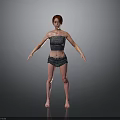 Woman With Red Hair In Strapless Top And Shorts Standing Barefoot On Gray Background