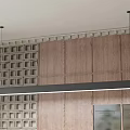 Long Linear Chandelier In Modern Kitchen With Wooden Wall And Grid Pattern Design 3d model