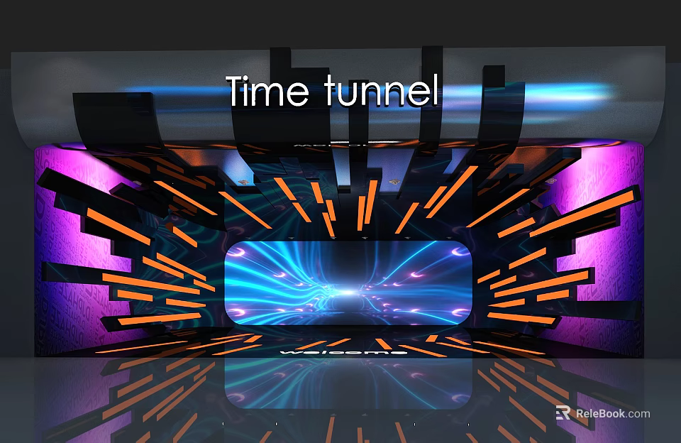 Futuristic Bar Interior With Time Tunnel Design Neon Lights And Reflective Floor 3d model 