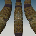 Three Curved Garden Ornaments With Intricate Patterns And Gold Purple Details